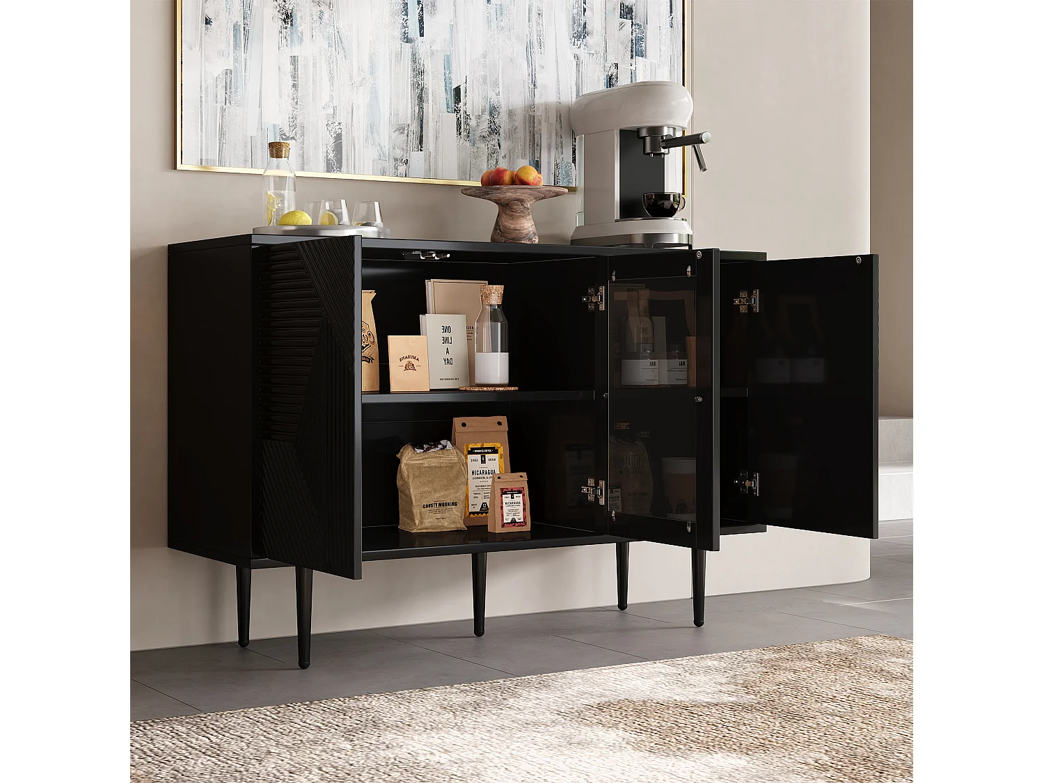 Buffet 120x38x79,5cm - avec 3 portes - avec pieds en métal + portes vitrées - noir
