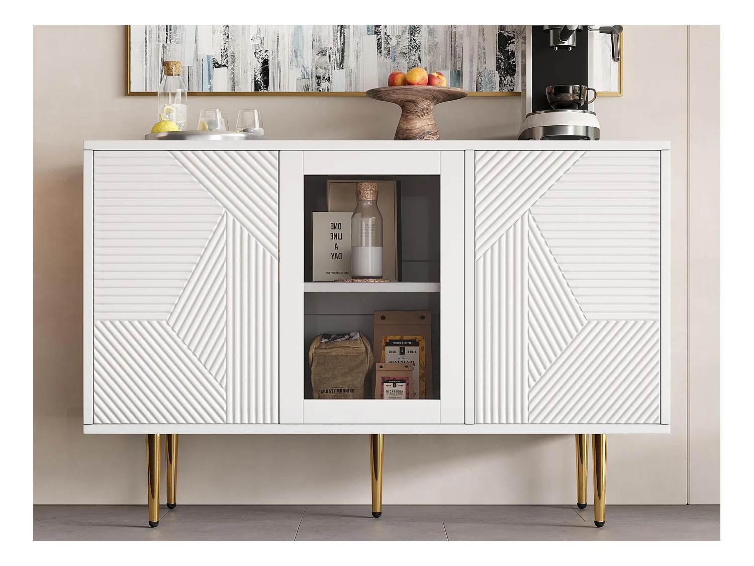 Buffet 120x38x79,5cm - avec 3 portes - avec pieds en métal + portes vitrées - blanc