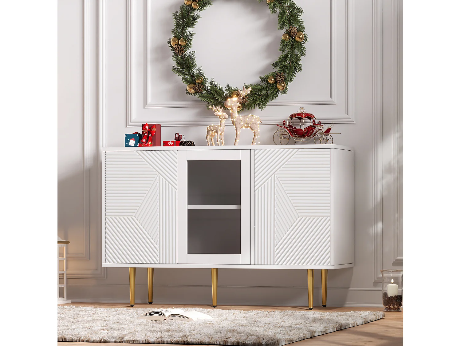Buffet 120x38x79,5cm - avec 3 portes - avec pieds en métal + portes vitrées - blanc