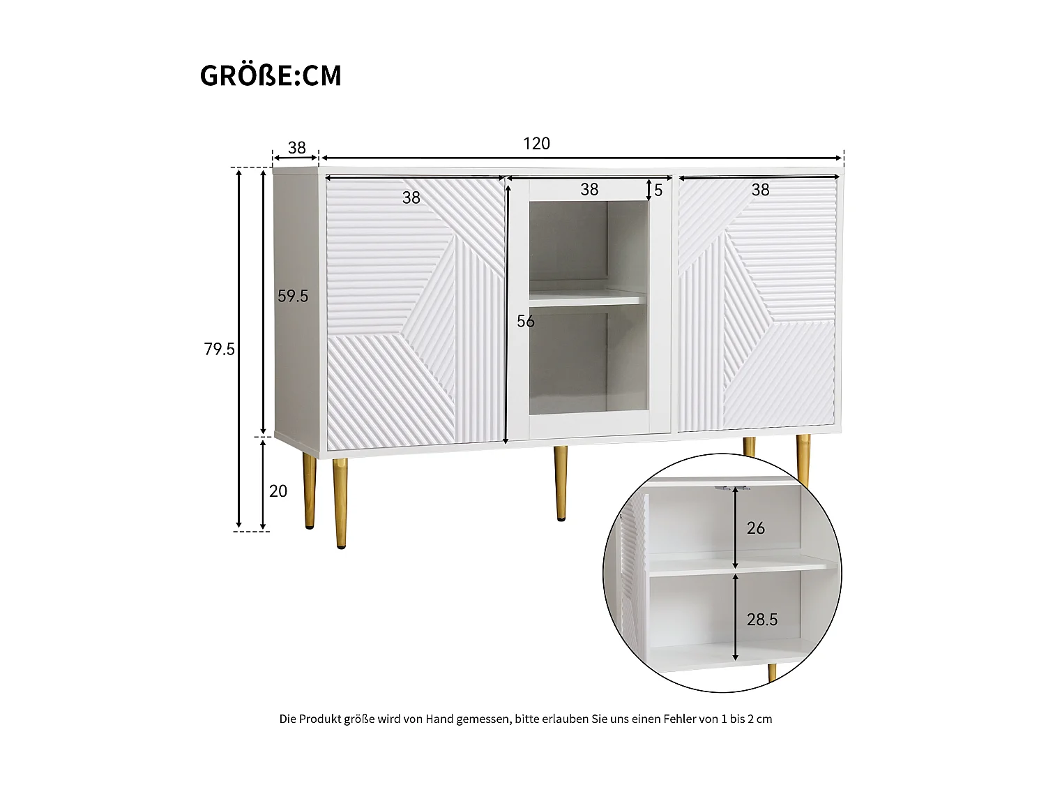Buffet 120x38x79,5cm - avec 3 portes - avec pieds en métal + portes vitrées - blanc