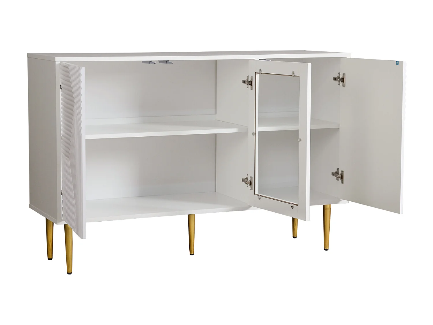 Buffet 120x38x79,5cm - avec 3 portes - avec pieds en métal + portes vitrées - blanc