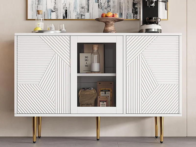 Buffet 120x38x79,5cm - avec 3 portes - avec pieds en métal + portes vitrées - blanc