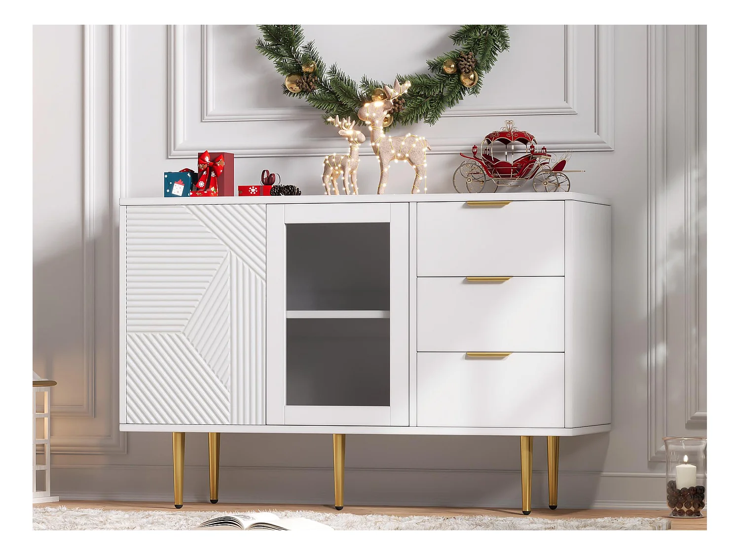 Dressoir 120x38x79,5cm - met 3 lades - met 2 deuren - met metalen poten + glazen deuren - wit