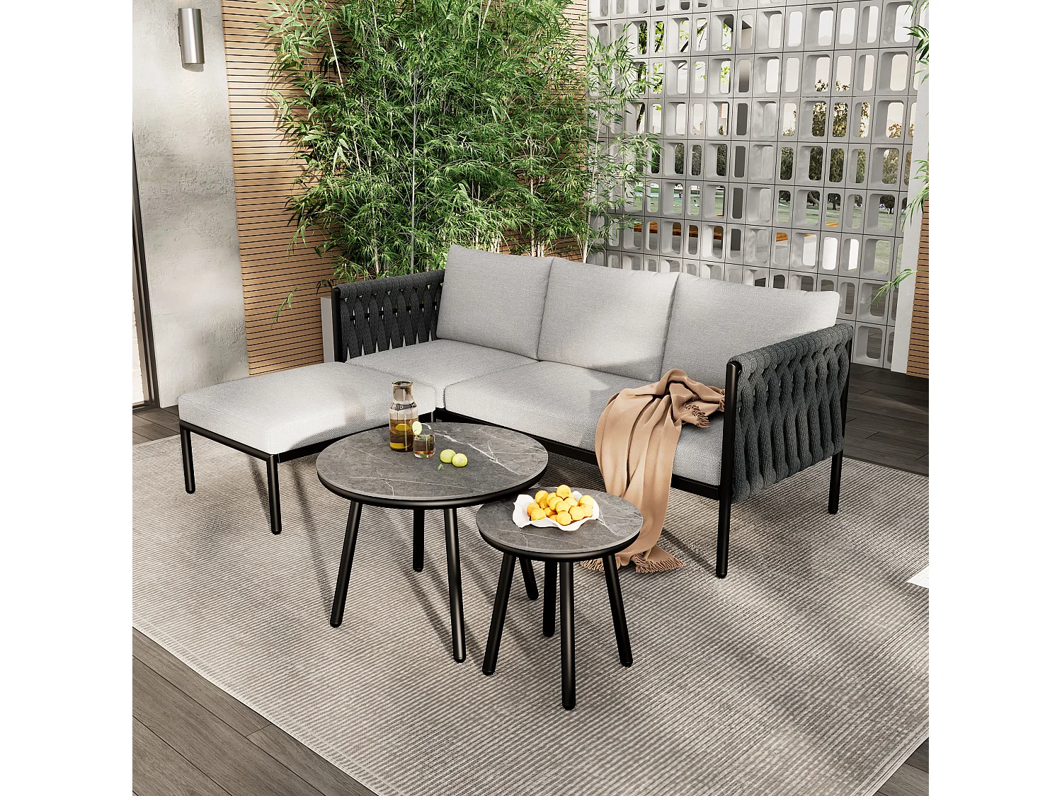 Tuinsalon, 4 plaatsen - Tuinmeubelset, hoekbank + 2 lage tafels + voetensteun, dik touwweefsel, grijs