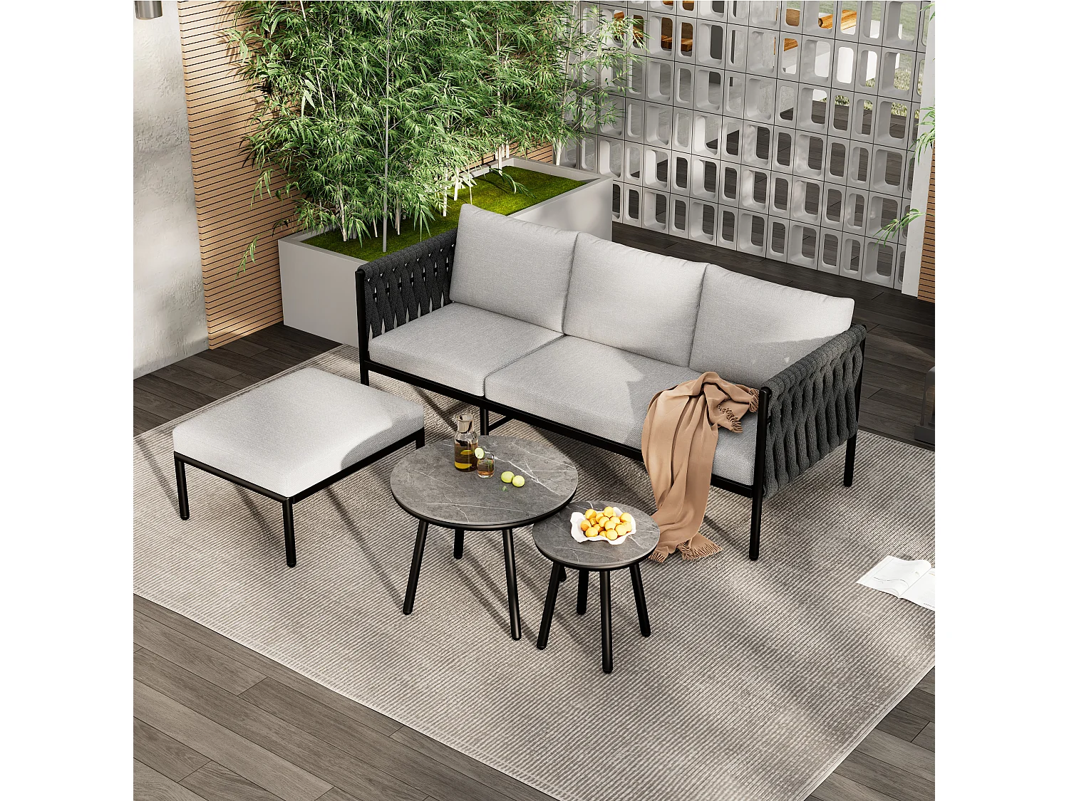 Tuinsalon, 4 plaatsen - Tuinmeubelset, hoekbank + 2 lage tafels + voetensteun, dik touwweefsel, grijs