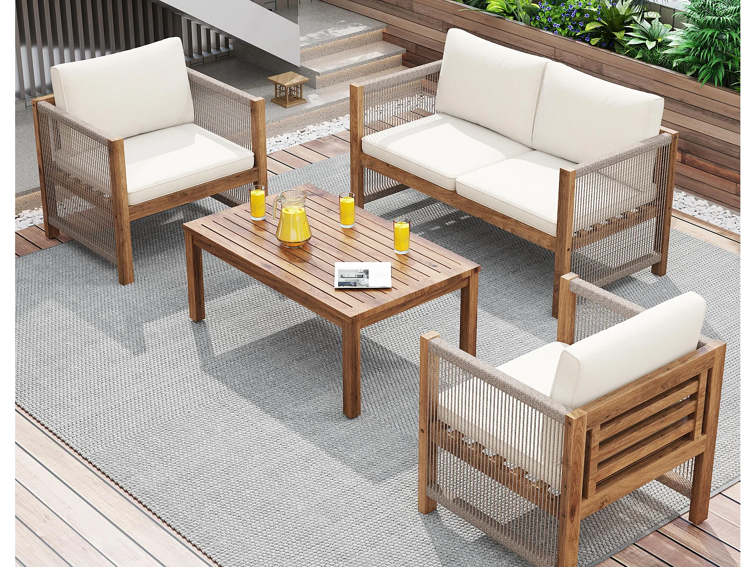 Salon de jardin en acier 4 places - canapé、2 fauteuils et table basse - en corde tressée et bois d'acacia - Beige