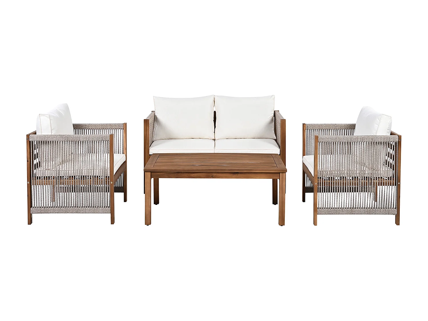 Salon de jardin en acier 4 places - canapé、2 fauteuils et table basse - en corde tressée et bois d'acacia - Beige