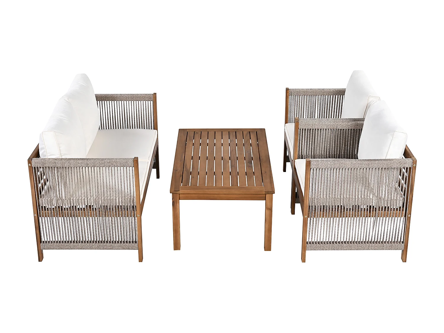 Salon de jardin en acier 4 places - canapé、2 fauteuils et table basse - en corde tressée et bois d'acacia - Beige