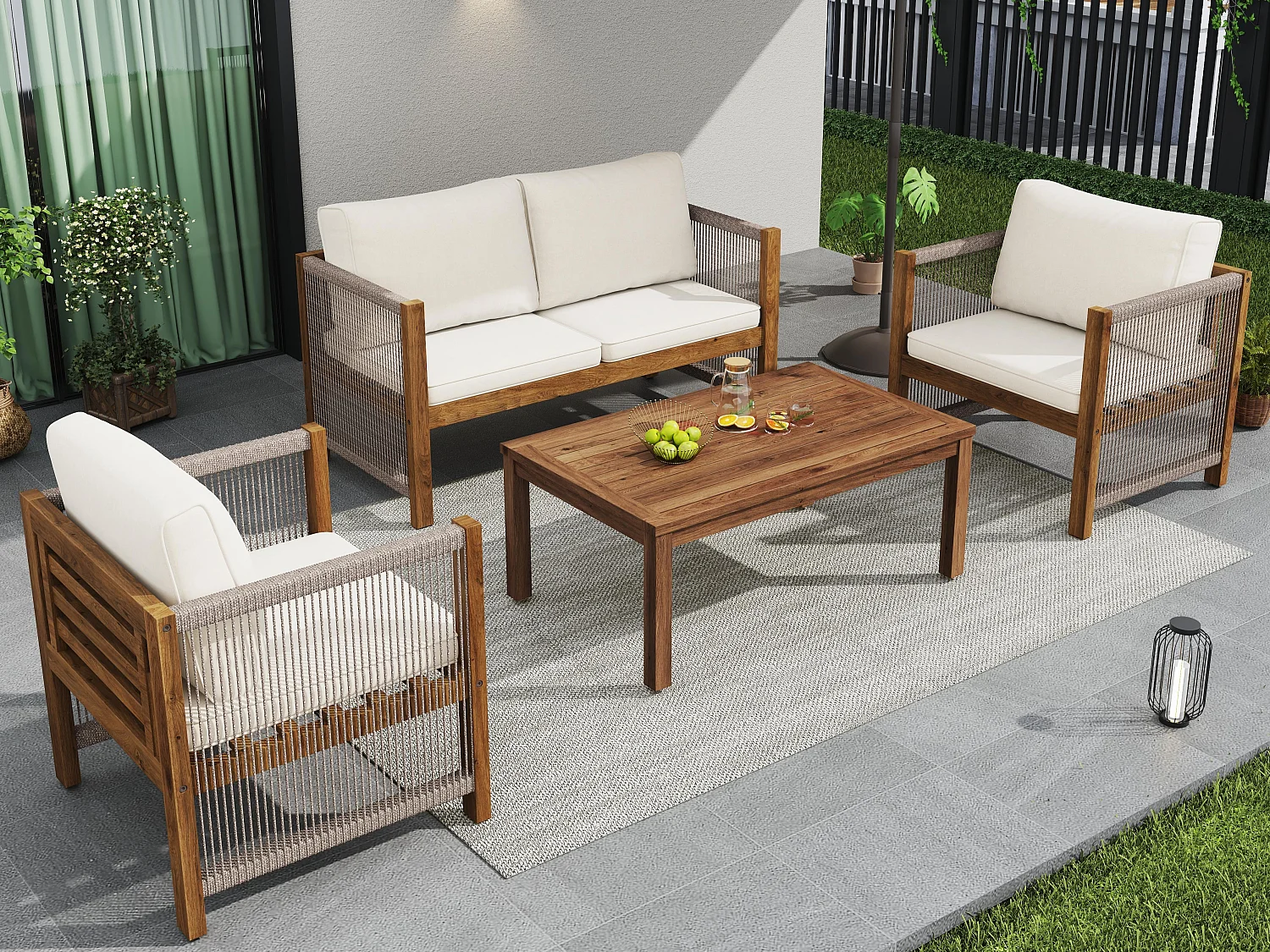 Salon de jardin en acier 4 places - canapé、2 fauteuils et table basse - en corde tressée et bois d'acacia - Beige