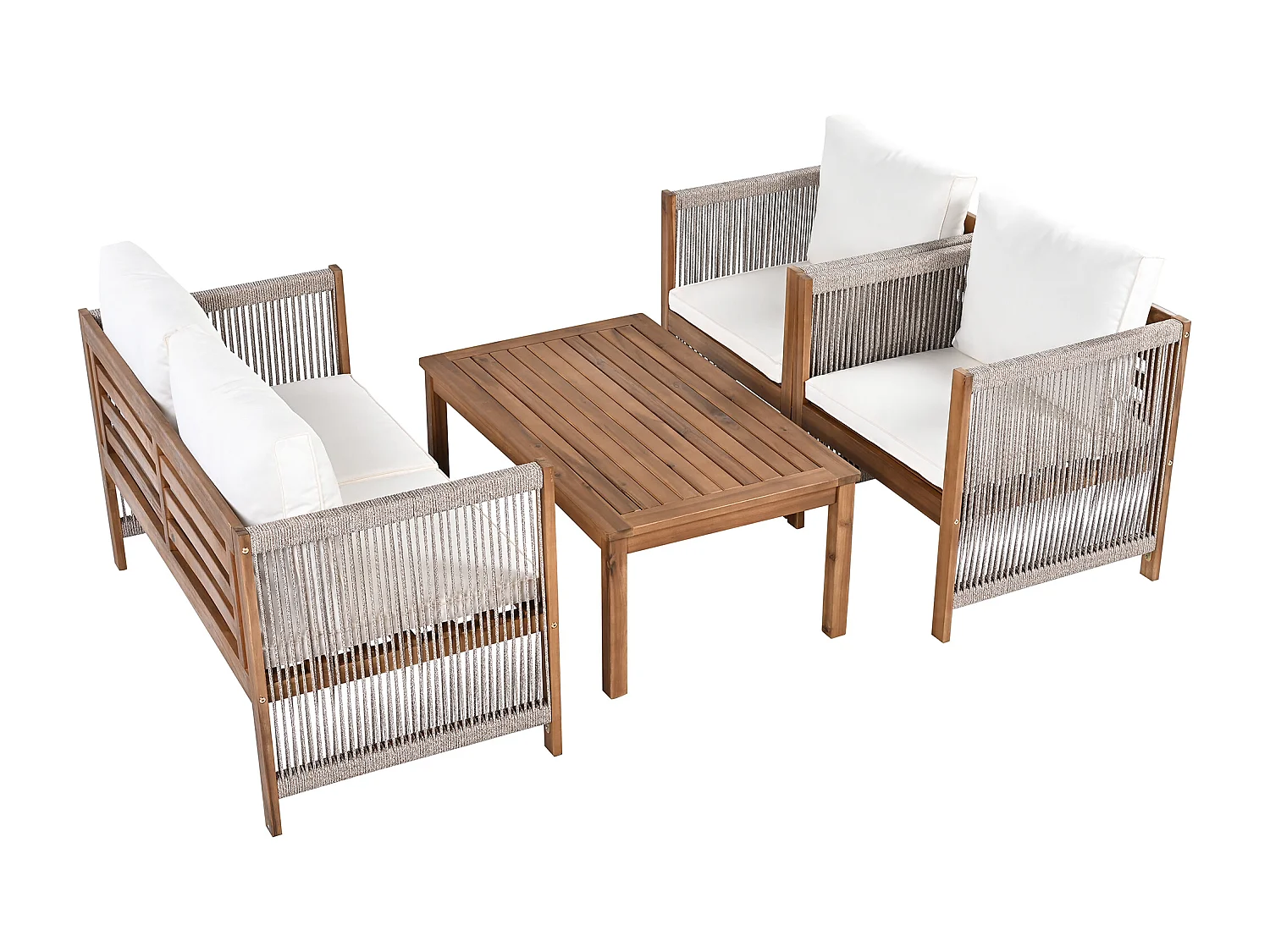 Salon de jardin en acier 4 places - canapé、2 fauteuils et table basse - en corde tressée et bois d'acacia - Beige