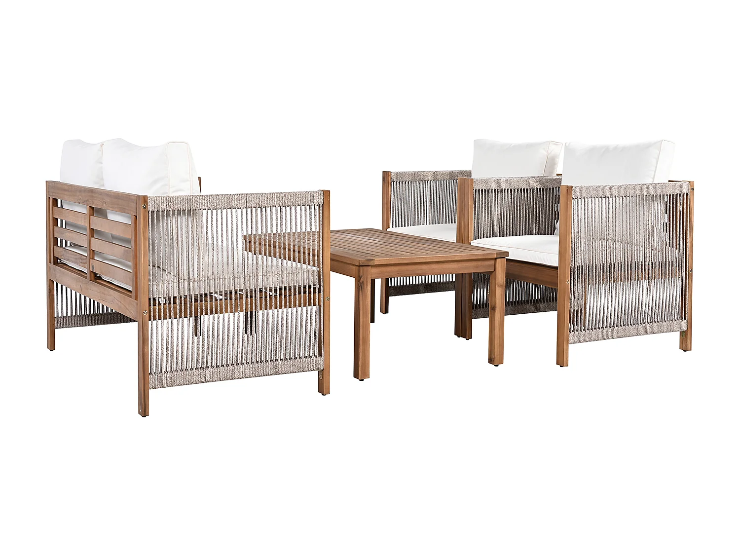 Salon de jardin en acier 4 places - canapé、2 fauteuils et table basse - en corde tressée et bois d'acacia - Beige