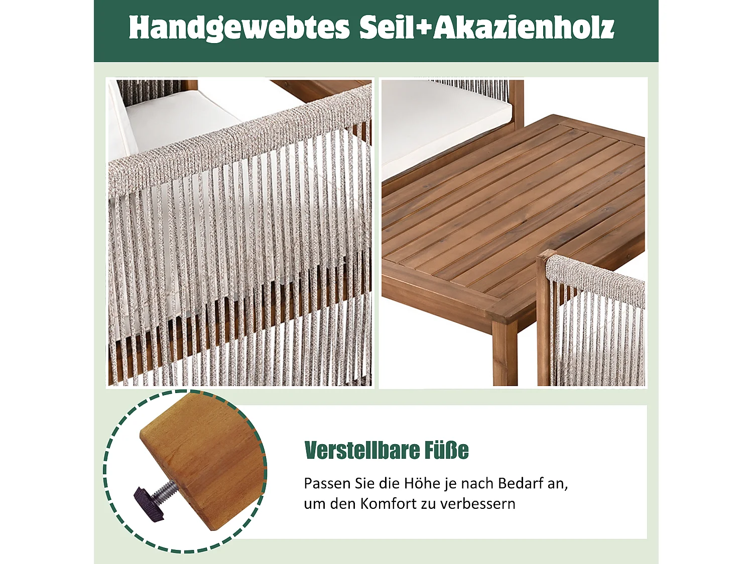 Salon de jardin en acier 4 places - canapé、2 fauteuils et table basse - en corde tressée et bois d'acacia - Beige