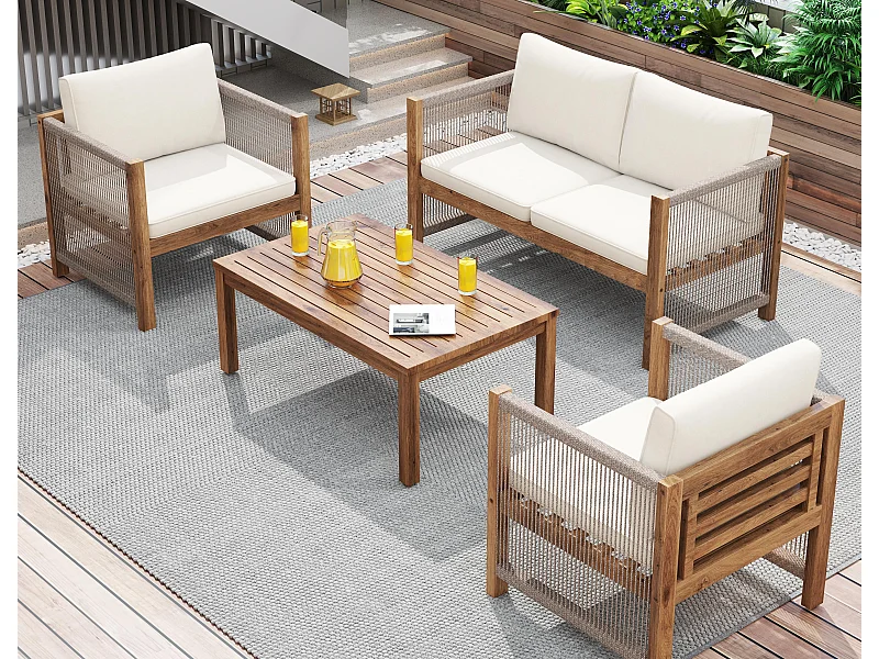 Salon de jardin en acier 4 places - canapé、2 fauteuils et table basse - en corde tressée et bois d'acacia - Beige