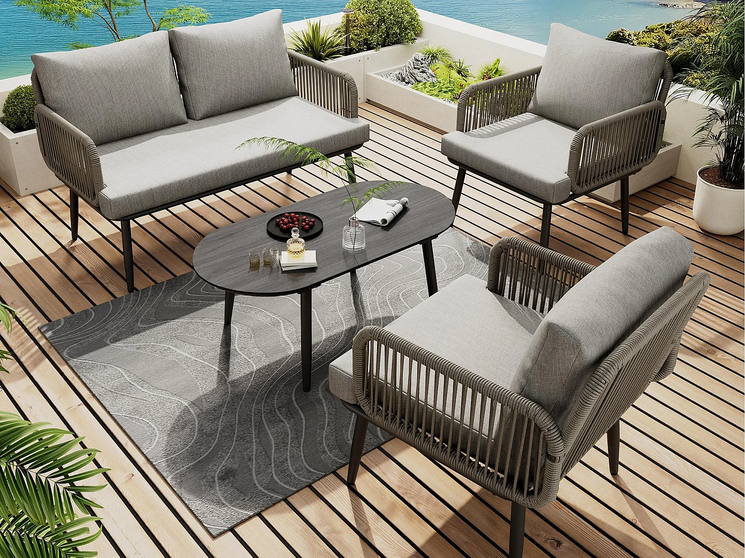 Tuinsalon, 4 plaatsen - Tuinmeubelset, bank + lage tafel + 2 fauteuils, dik touwweefsel, grijs