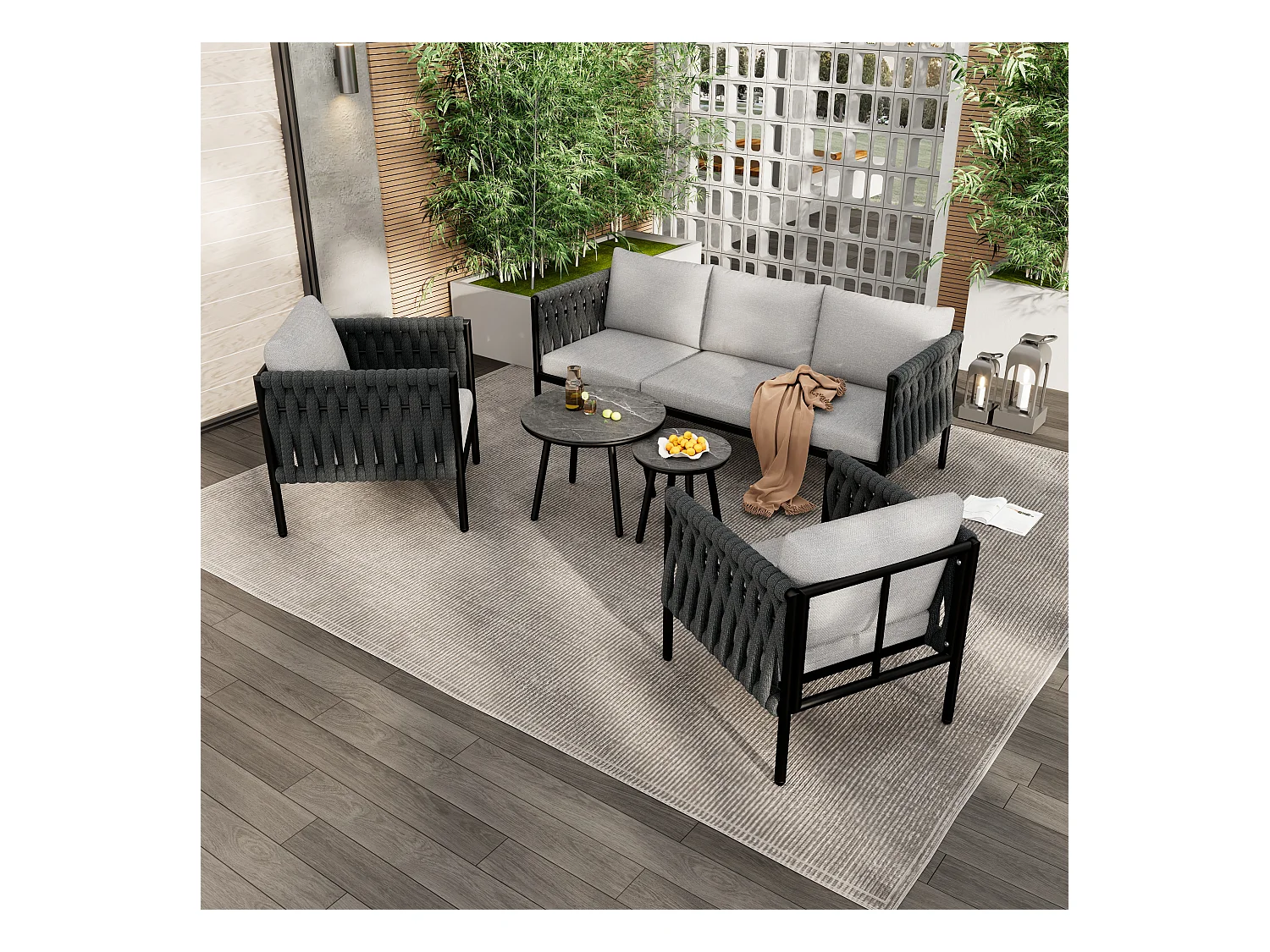 Salotto da giardino, 4 posti - Insieme di mobili da giardino, divano angolare + 2 tavolini bassi + 2 poltrone, tessuto in corda spessa, grigio