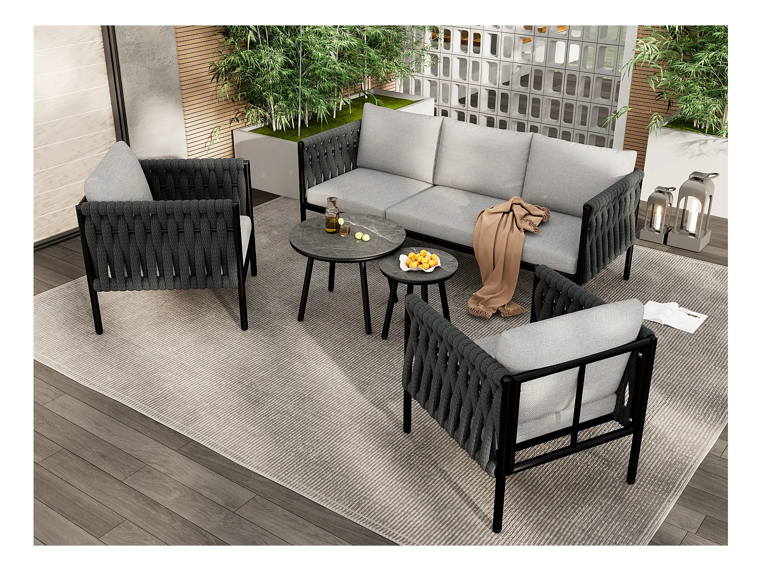 Salotto da giardino, 4 posti - Insieme di mobili da giardino, divano angolare + 2 tavolini bassi + 2 poltrone, tessuto in corda spessa, grigio