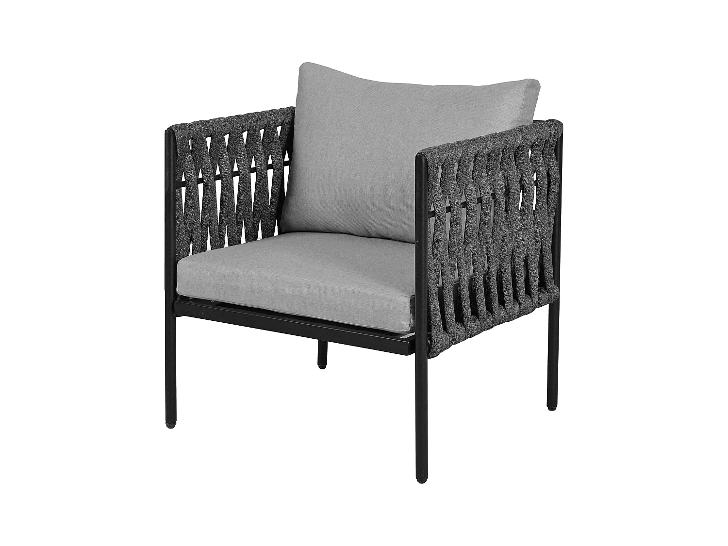 Salotto da giardino, 4 posti - Insieme di mobili da giardino, divano angolare + 2 tavolini bassi + 2 poltrone, tessuto in corda spessa, grigio