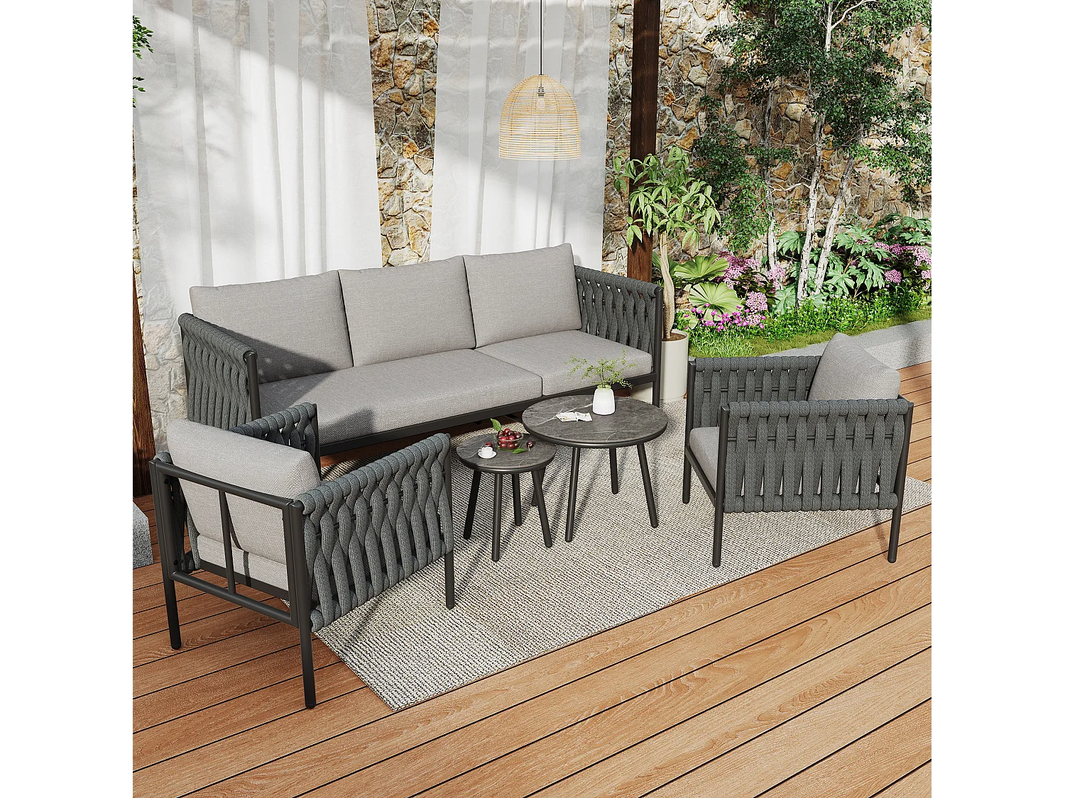 Salotto da giardino, 4 posti - Insieme di mobili da giardino, divano angolare + 2 tavolini bassi + 2 poltrone, tessuto in corda spessa, grigio