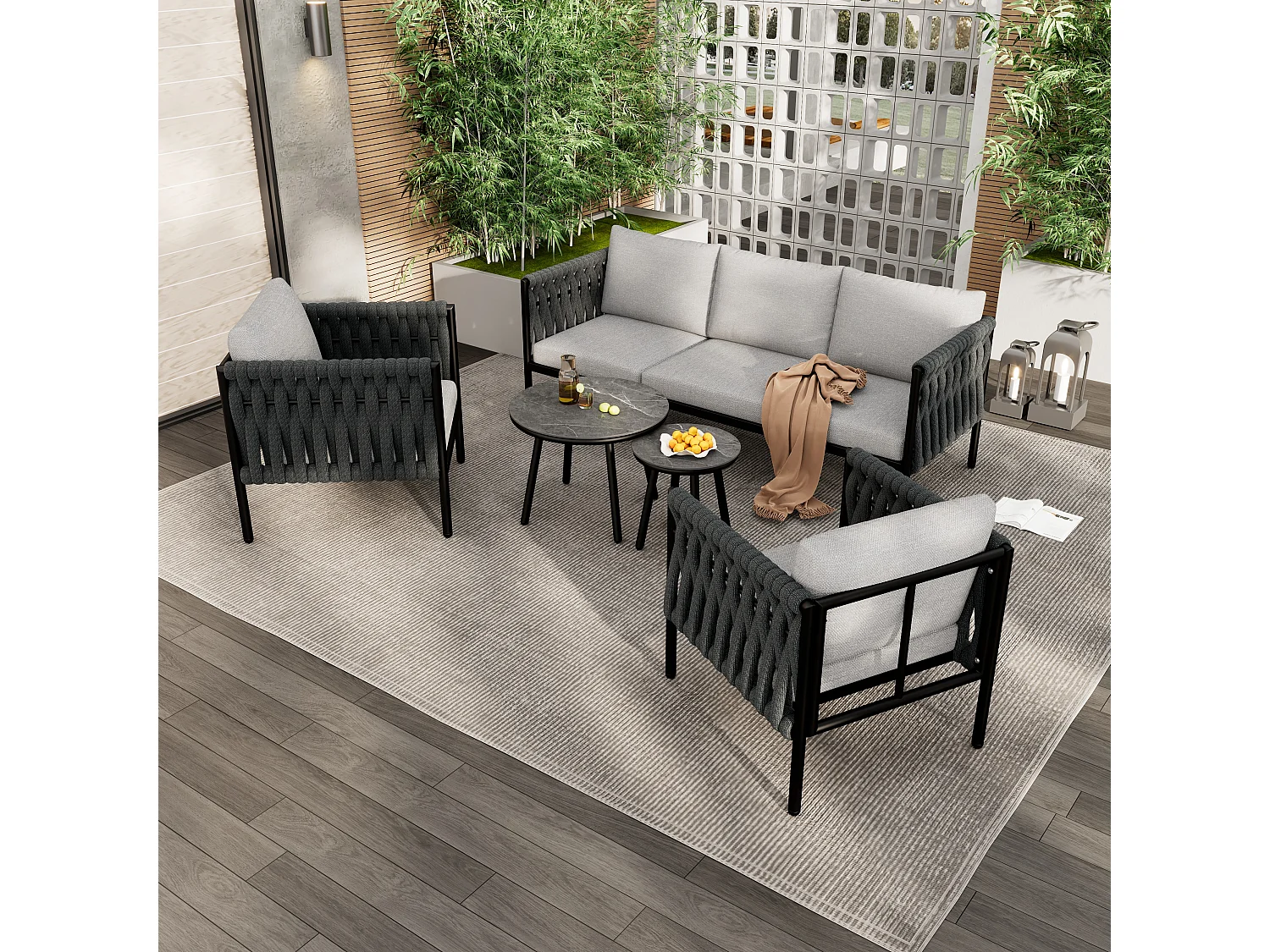 Salon de jardin 5places - Ensemble de meubles de jardin, canapé d'angle + 2 tables basses + 2 fauteuils, tissage en corde épaisse, gris