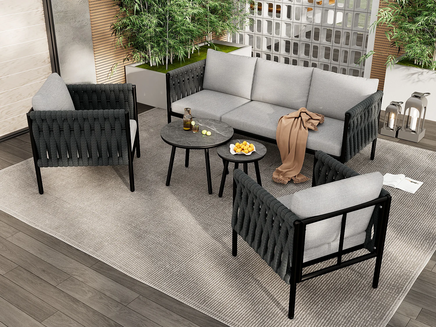 Salon de jardin 5places - Ensemble de meubles de jardin, canapé d'angle + 2 tables basses + 2 fauteuils, tissage en corde épaisse, gris