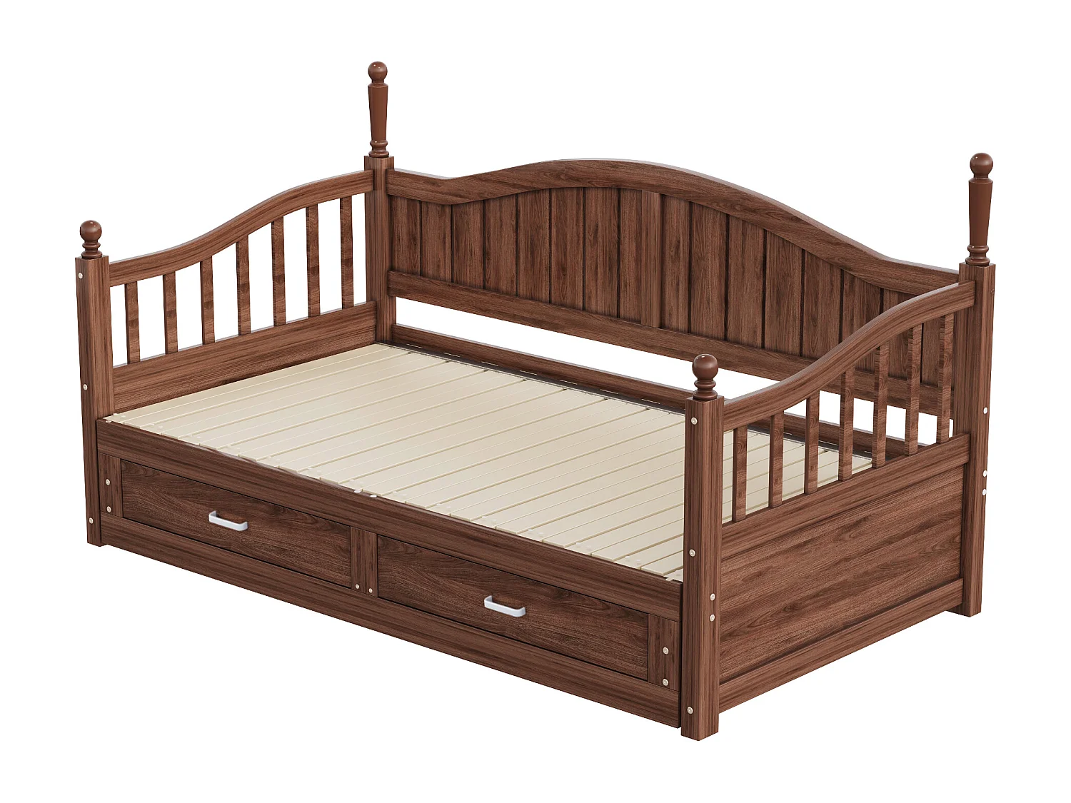 Opklapbare massief houten slaapbank 90/180x200 cm met Romeinse zuilen en 2 laden - Bruin