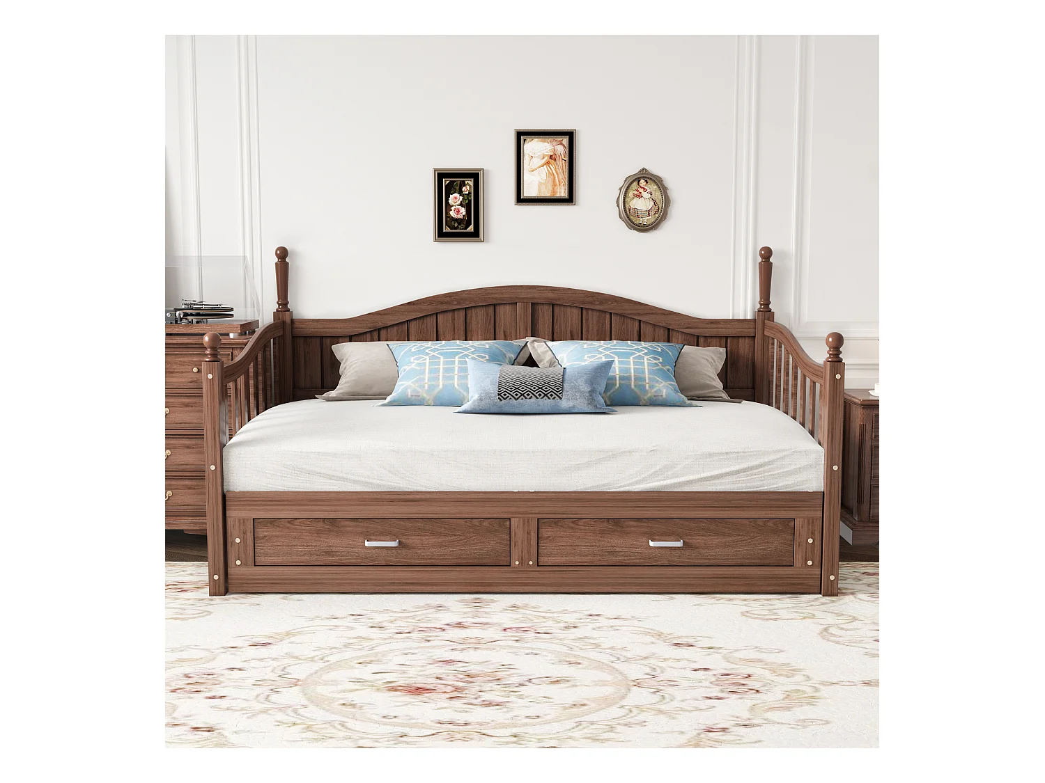 Sofá cama plegable de madera maciza 90/180x200 cm con columnas romanas y 2 cajones - Marrón