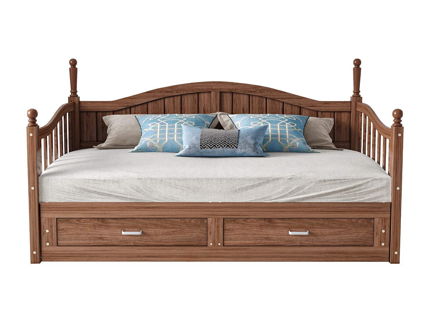 Sofá cama plegable de madera maciza 90/180x200 cm con columnas romanas y 2 cajones - Marrón