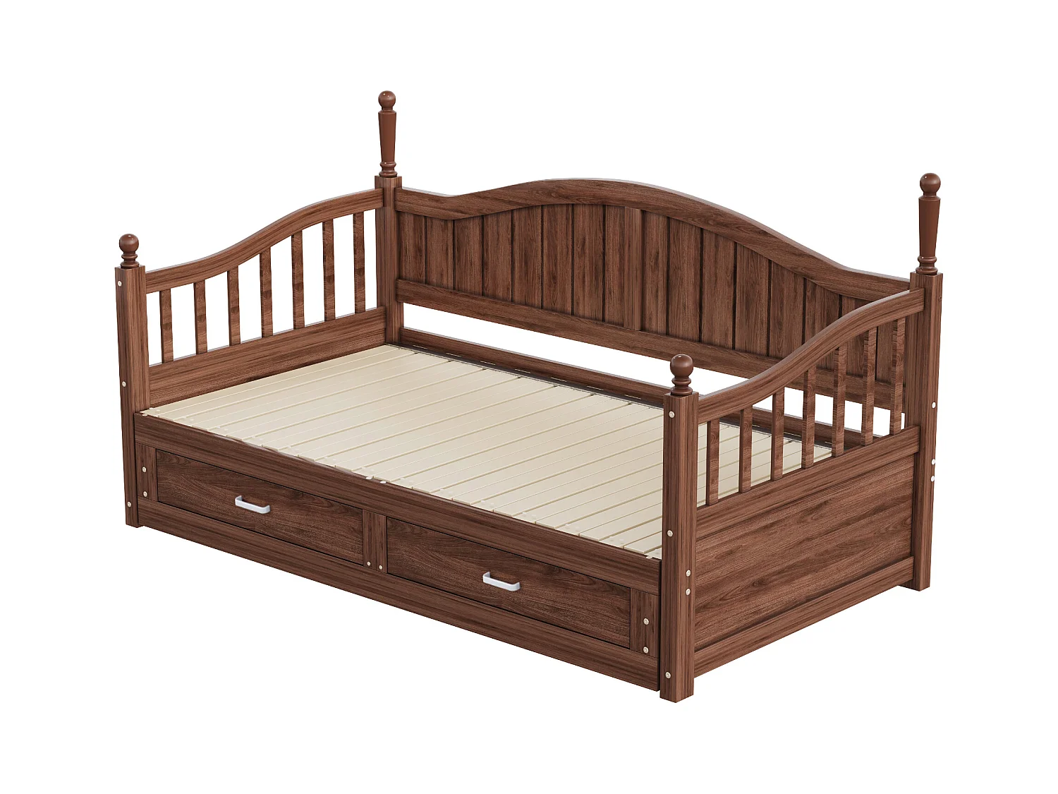 Sofá cama plegable de madera maciza 90/180x200 cm con columnas romanas y 2 cajones - Marrón