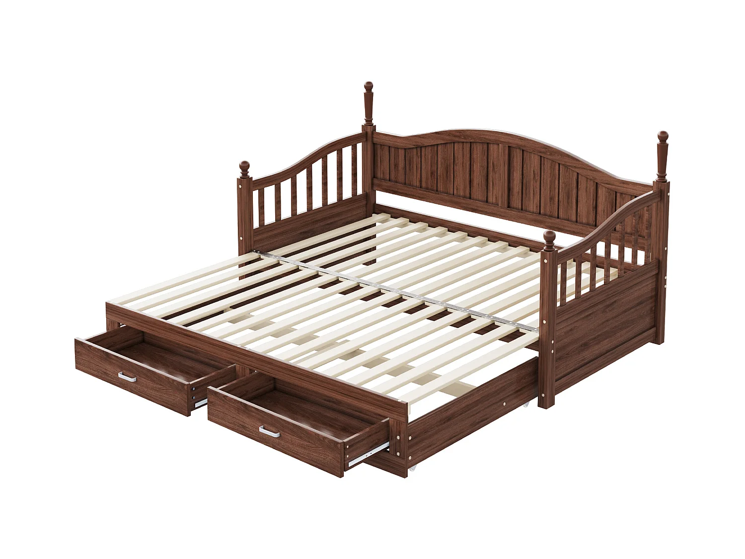 Sofá cama plegable de madera maciza 90/180x200 cm con columnas romanas y 2 cajones - Marrón
