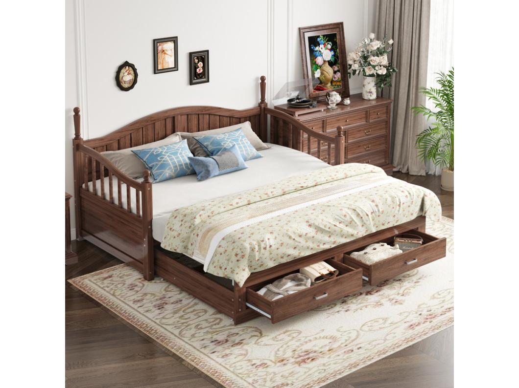 Divano letto pieghevole in legno massello 90/180x200 cm con colonne romane e 2 cassetti - Marrone