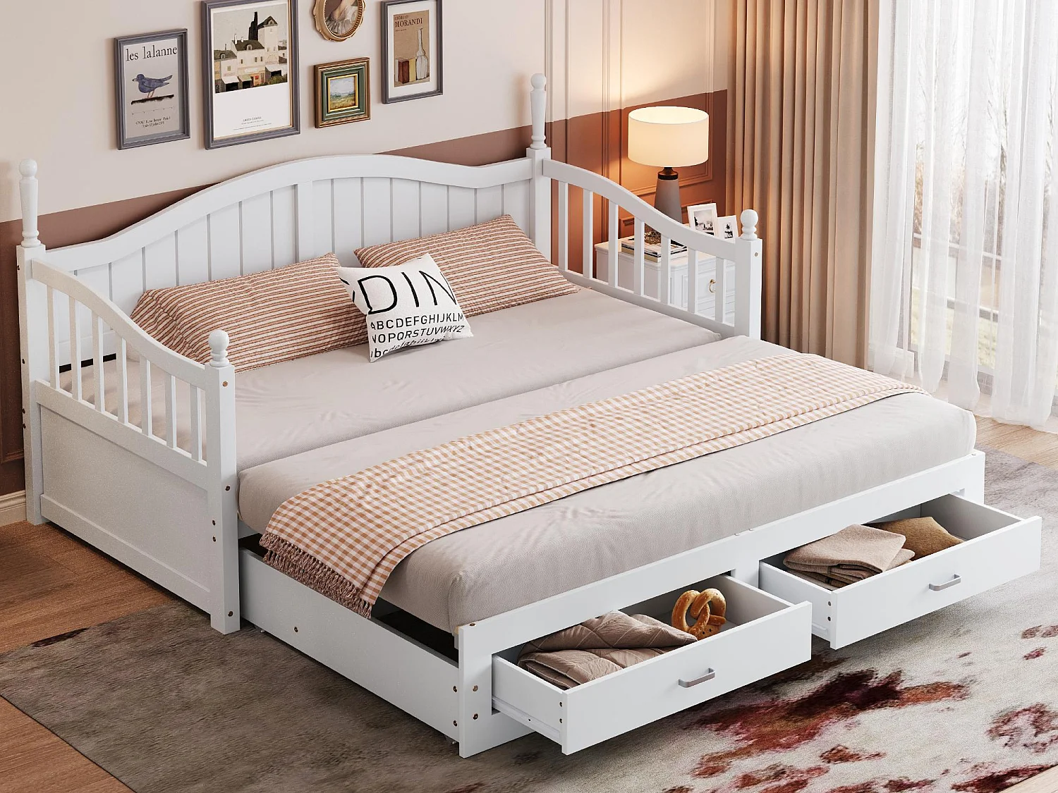 Klappbares Massivholz-Schlafsofa 90/180x200 cm mit Schubladen und römischen Säulen - Weiß