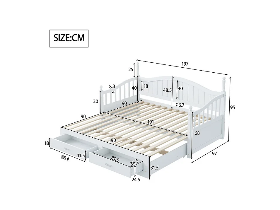 Canapé-lit pliant en bois massif 90/180x200 cm avec tiroirs et colonnes romaines - Blanc