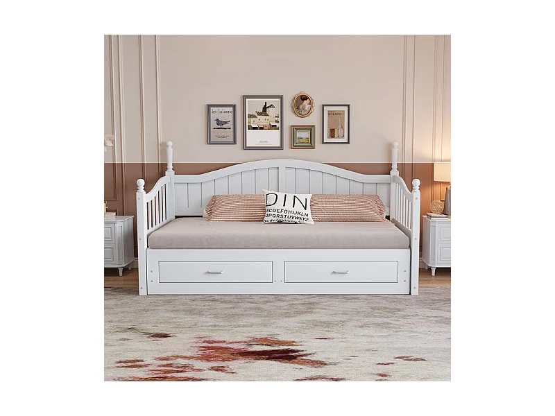 Canapé-lit pliant en bois massif 90/180x200 cm avec tiroirs et colonnes romaines - Blanc
