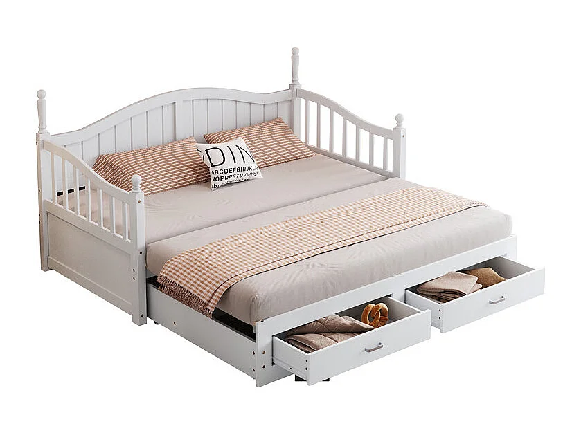 Sofá-cama dobrável em madeira maciça 90/180x200 cm com gavetas e colunas romanas - Branco