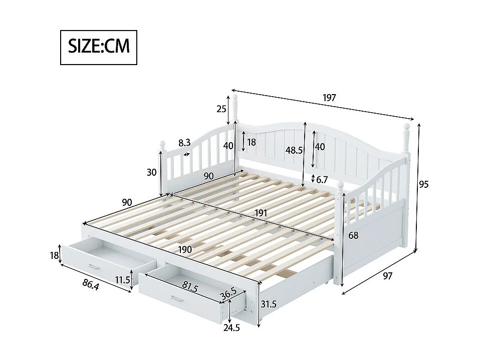 Sofá-cama dobrável em madeira maciça 90/180x200 cm com gavetas e colunas romanas - Branco