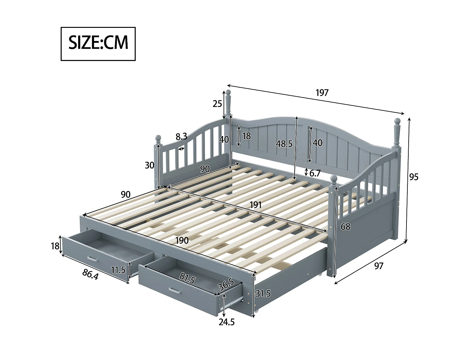Klappbares Massivholz-Schlafsofa 90/180x200 cm mit Schubladen und römischen Säulen - Grau
