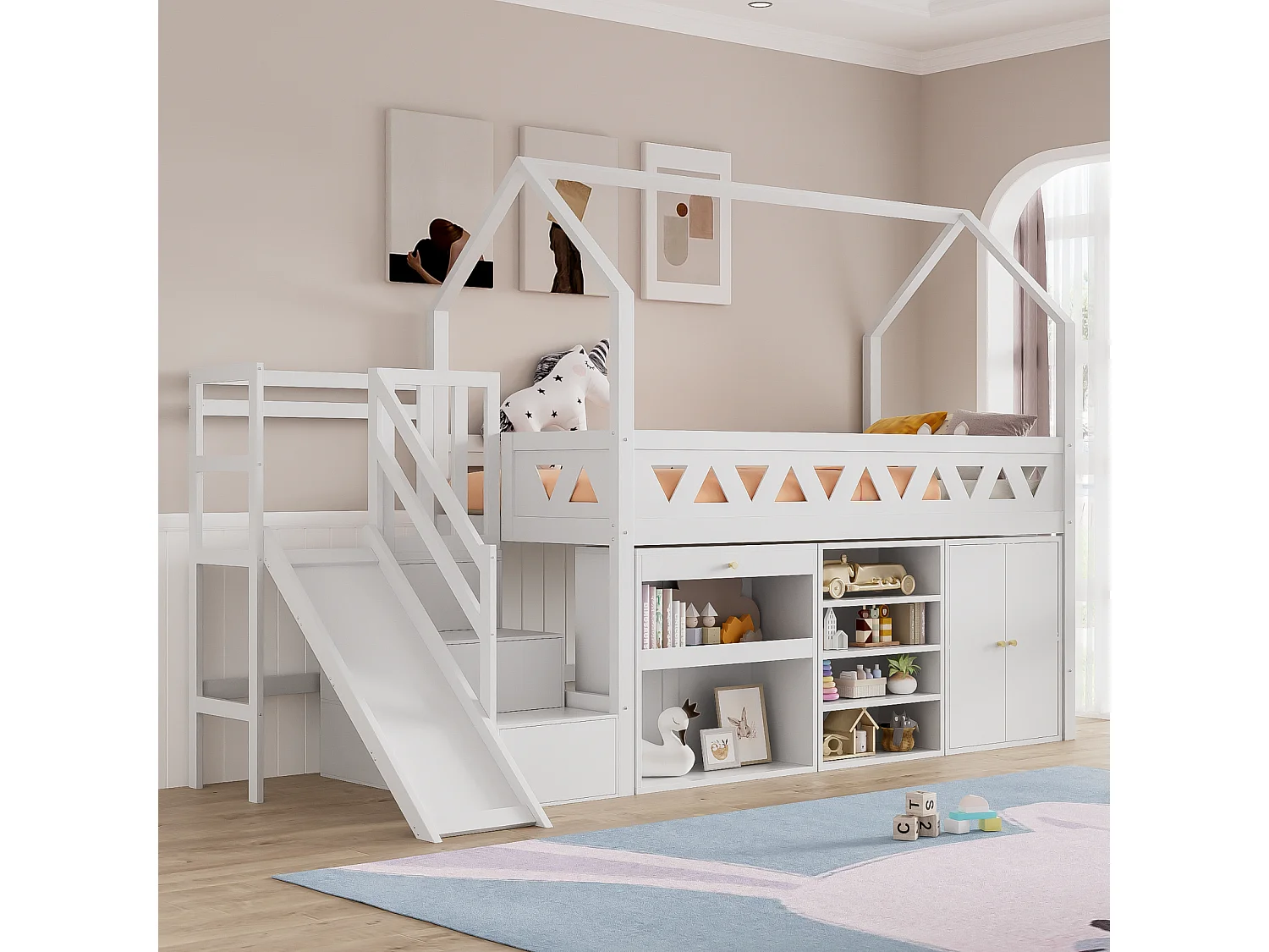 Huisbed 90x200 cm - Lade en opbergruimte - Met glijbaan en trap met magnetische deur - Massief hout - Wit