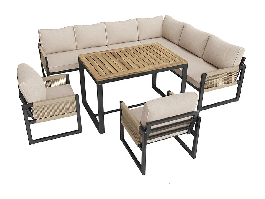 Zestaw mebli ogrodowych do jadalni dla 7-8 osób - narożnik - 2 fotele - 1 stół - beżowy