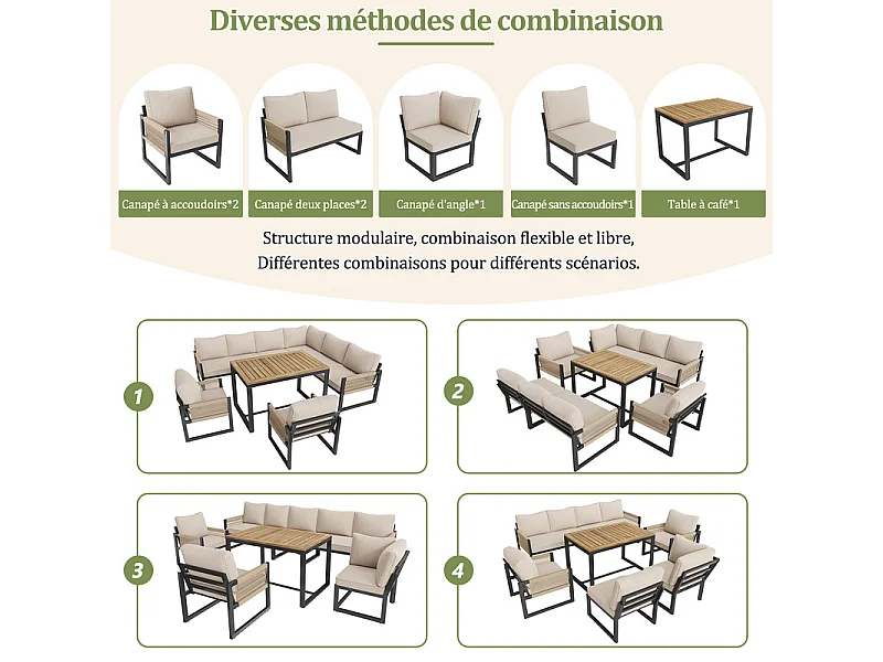 Zestaw mebli ogrodowych do jadalni dla 7-8 osób - narożnik - 2 fotele - 1 stół - beżowy