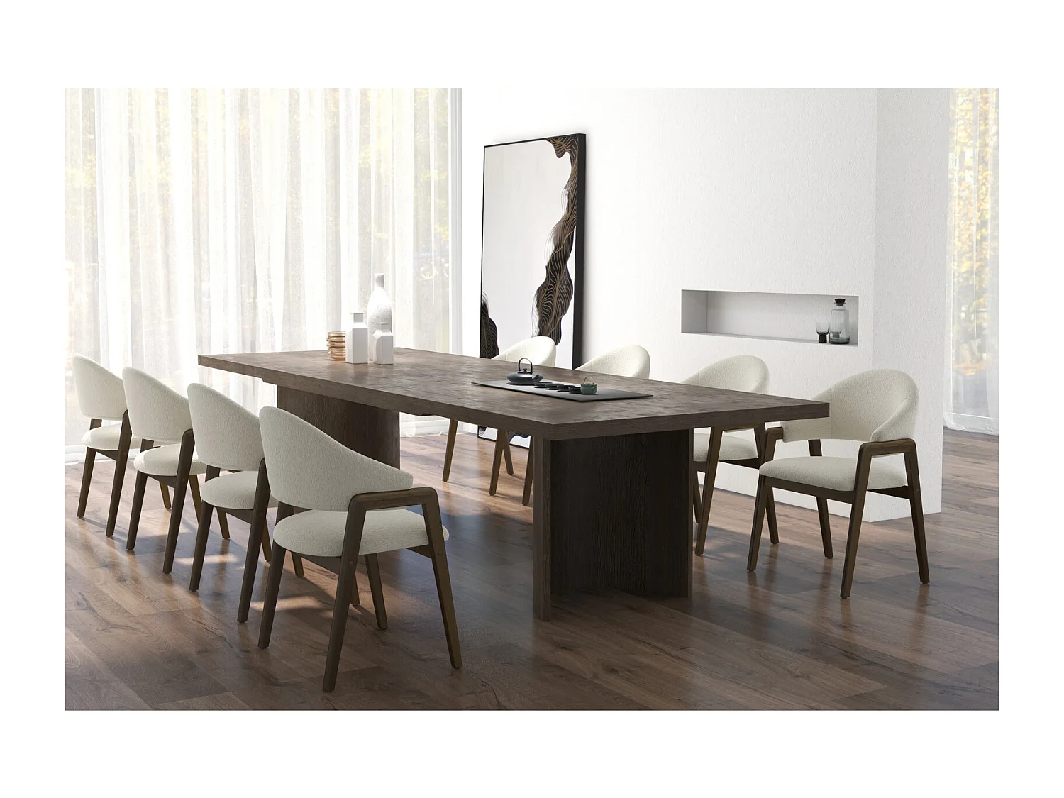 WOOL-Sedia in tessuto ecrù e frassino tinto noce (x2)