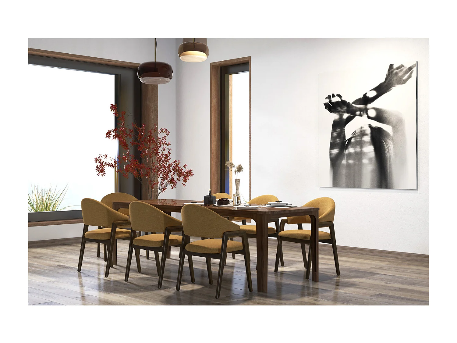 WOOL-Chaise en Frêne patiné noyer et Tissu Trendy Safran (x2)