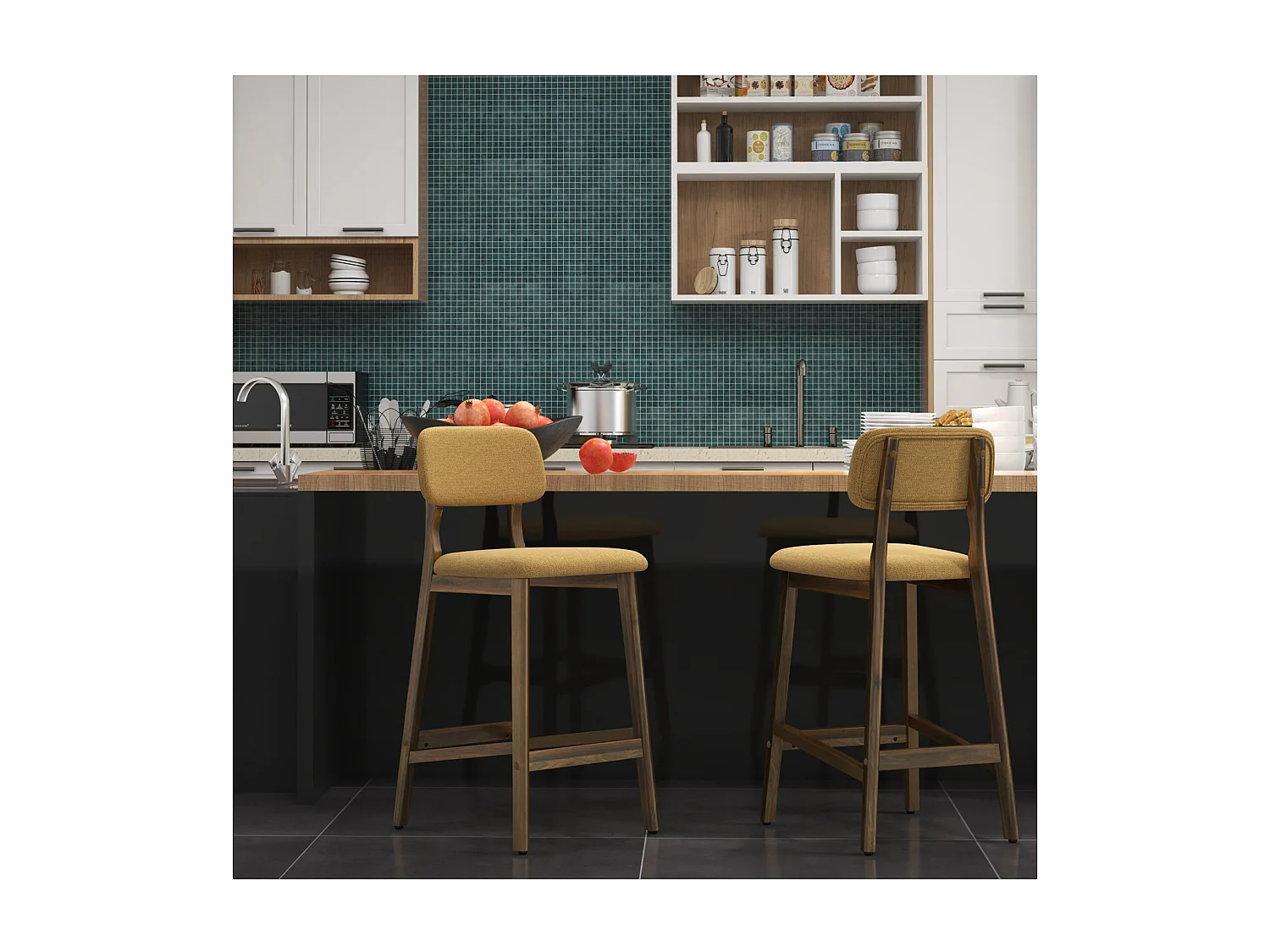 CLIFF-Taburete de bar, tela azafrán y madera nogal (x2)