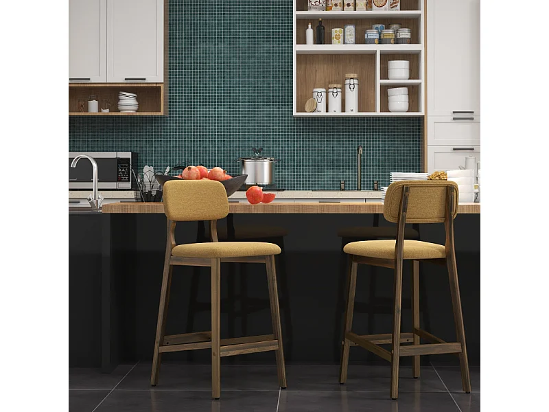 CLIFF-Tabouret de bar en bois patiné noyer et Tissu Trendy Safran (x2)