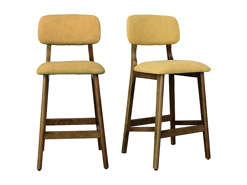 CLIFF-Tabouret de bar en bois patiné noyer et Tissu Trendy Safran (x2)