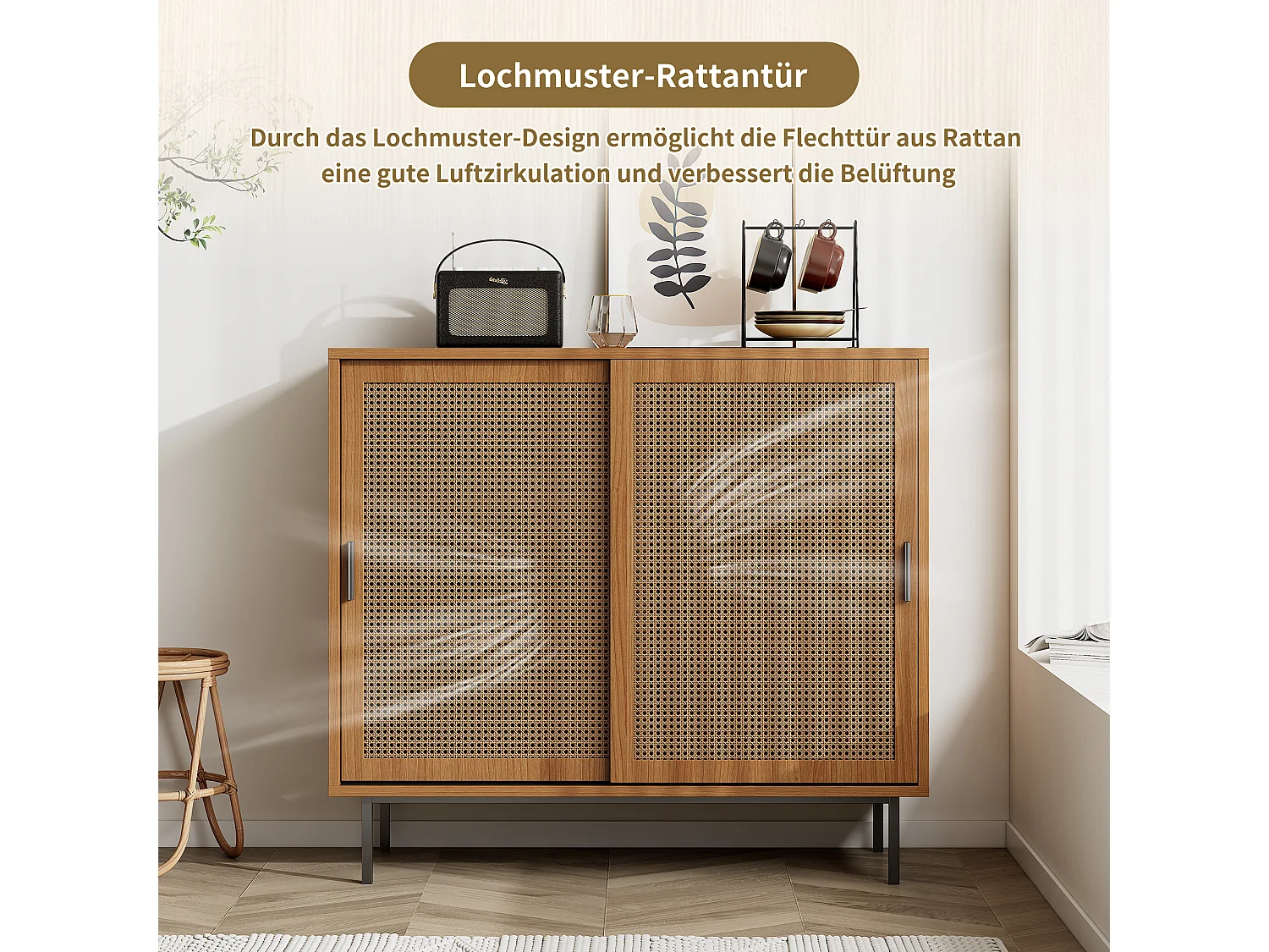 URBAN MEUBLE Buffet effet bois 2 portes coulissantes en rotin L100/H90/P37cm