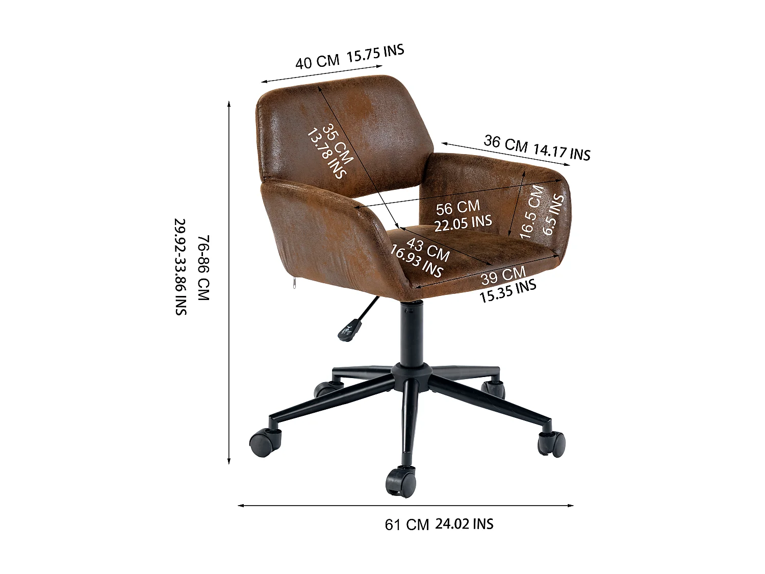 URBAN MEUBLE Fauteuil rétro - réglable en hauteur - pivotant à 360° - à roulettes - amovible - marron