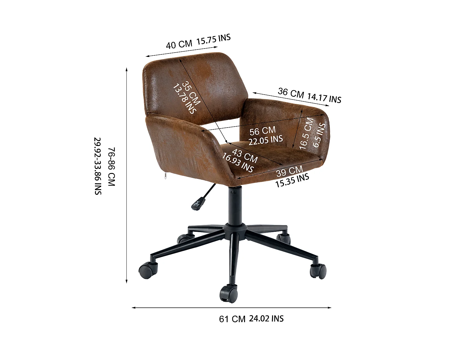 URBAN MEUBLE Fauteuil rétro - réglable en hauteur - pivotant à 360° - à roulettes - amovible - marron