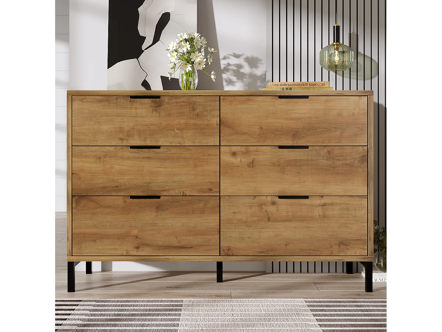 URBAN MEUBLE Buffet effet bois chêne foncé 6 tiroirs 120x40x76cm