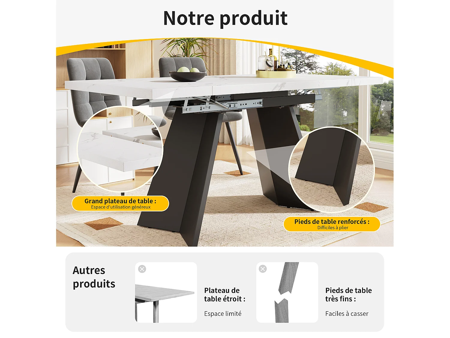 URBAN MEUBLE Table de salle à manger table extensible système coulissant effet marbre blanc 99-159cm