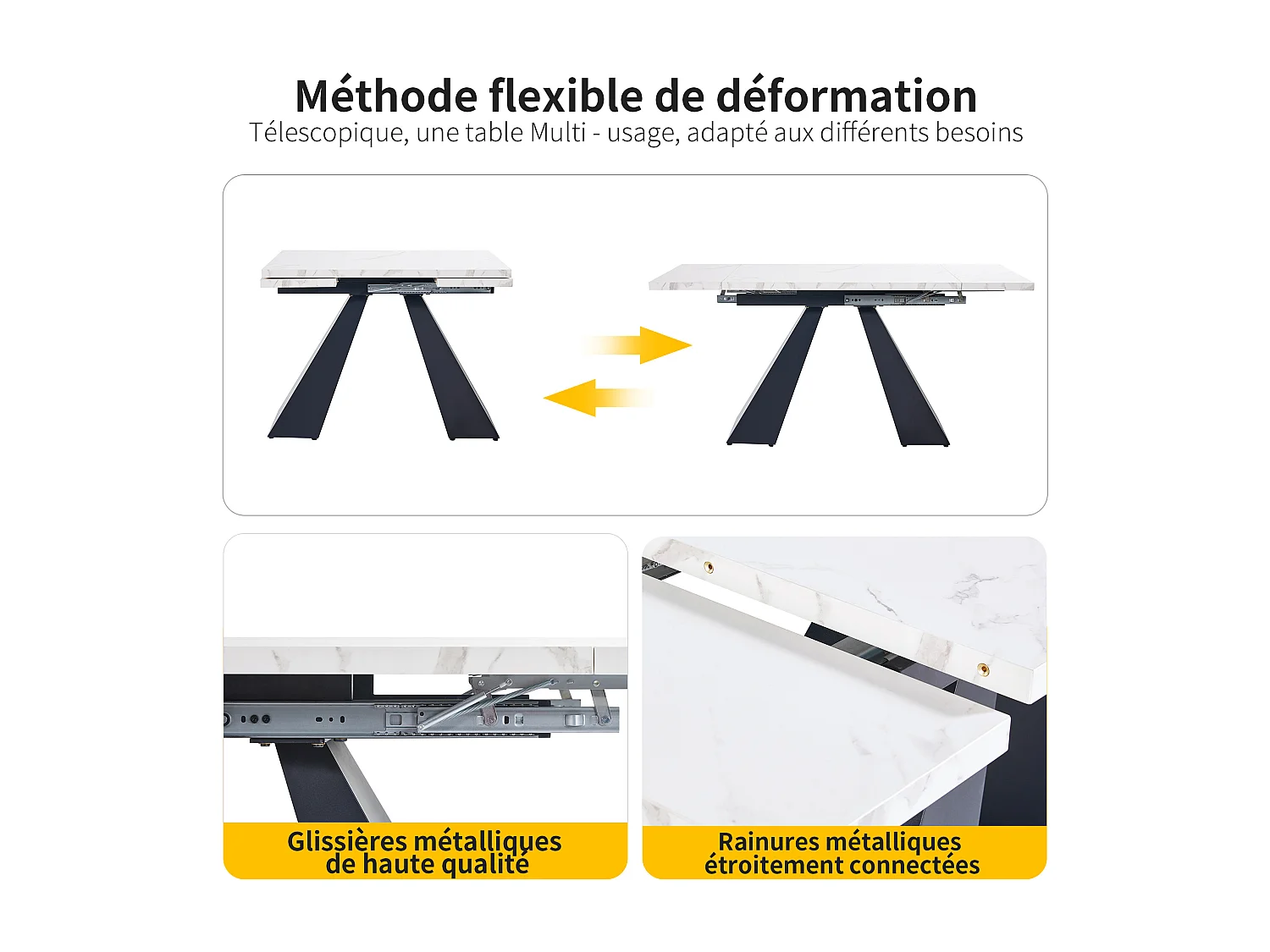 URBAN MEUBLE Table de salle à manger extensible système coulissant effet marbre blanc avec pieds en colonne 99-159cm